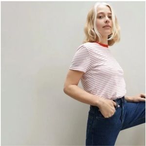 Everlane Women’s The Organic Cotton Box-Cut Tee, red and white stripe, XS